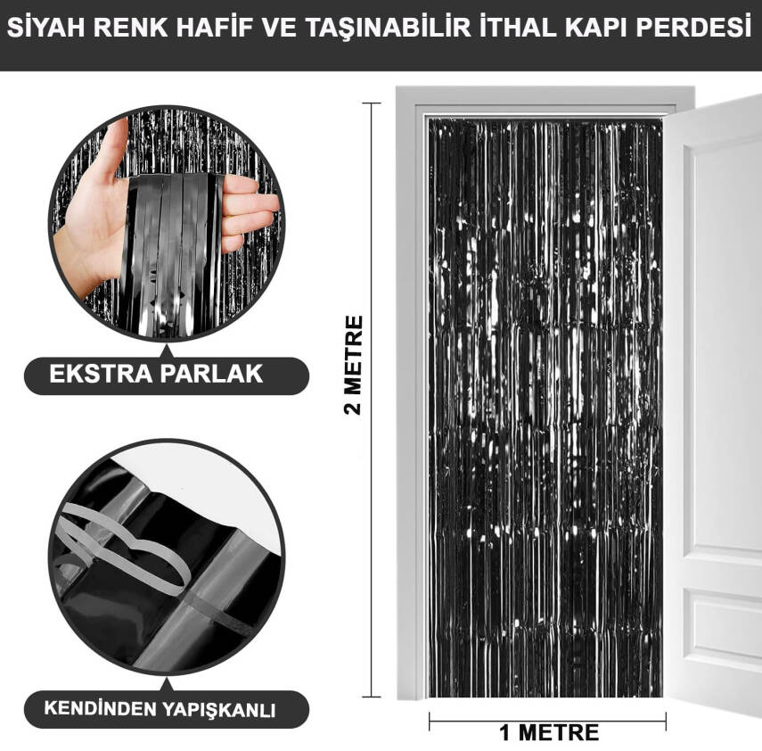 Siyah Ekstra Metalize Parlak Saçaklı Arka Fon Perde - 1