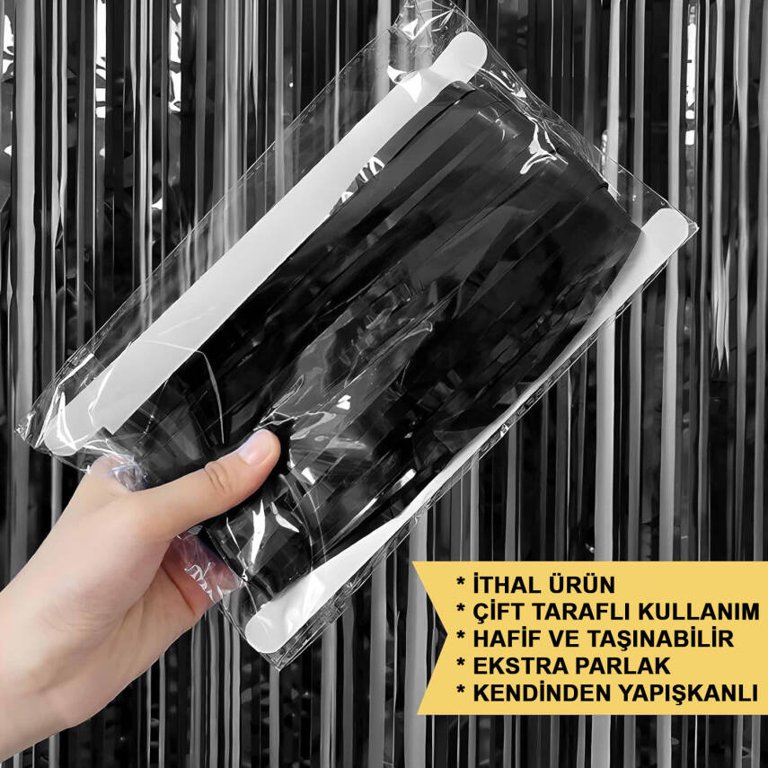 Siyah Ekstra Metalize Parlak Saçaklı Arka Fon Perde - 5