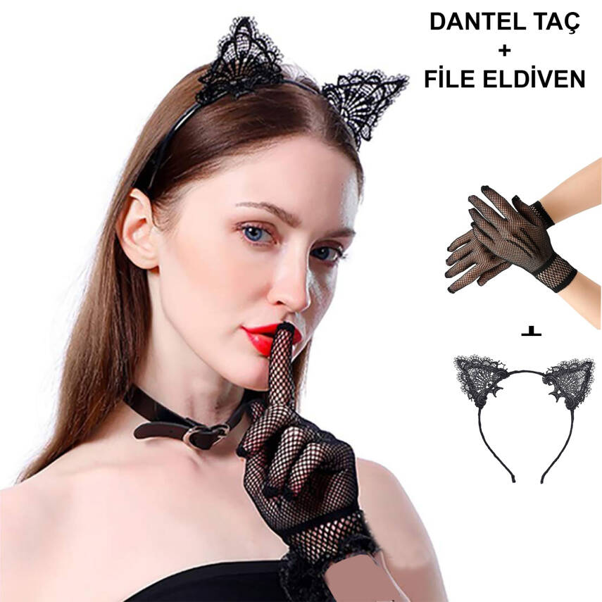 Siyah Kedi Dantel Taç + Eldiven Seti – Parti, Dans ve Kostüm Kombini - 1