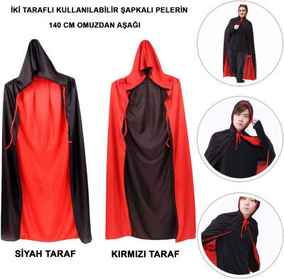 Siyah Kırmızı Çift Taraflı Kapişonlu Pelerin - 1