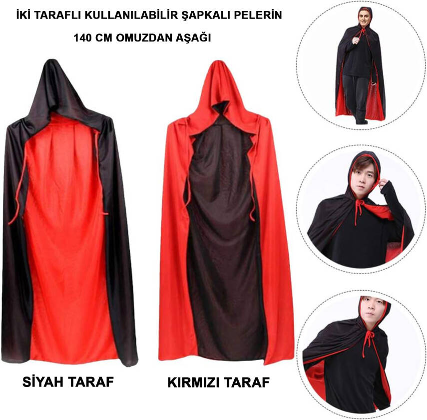 Siyah Kırmızı Çift Taraflı Kapişonlu Pelerin - 1
