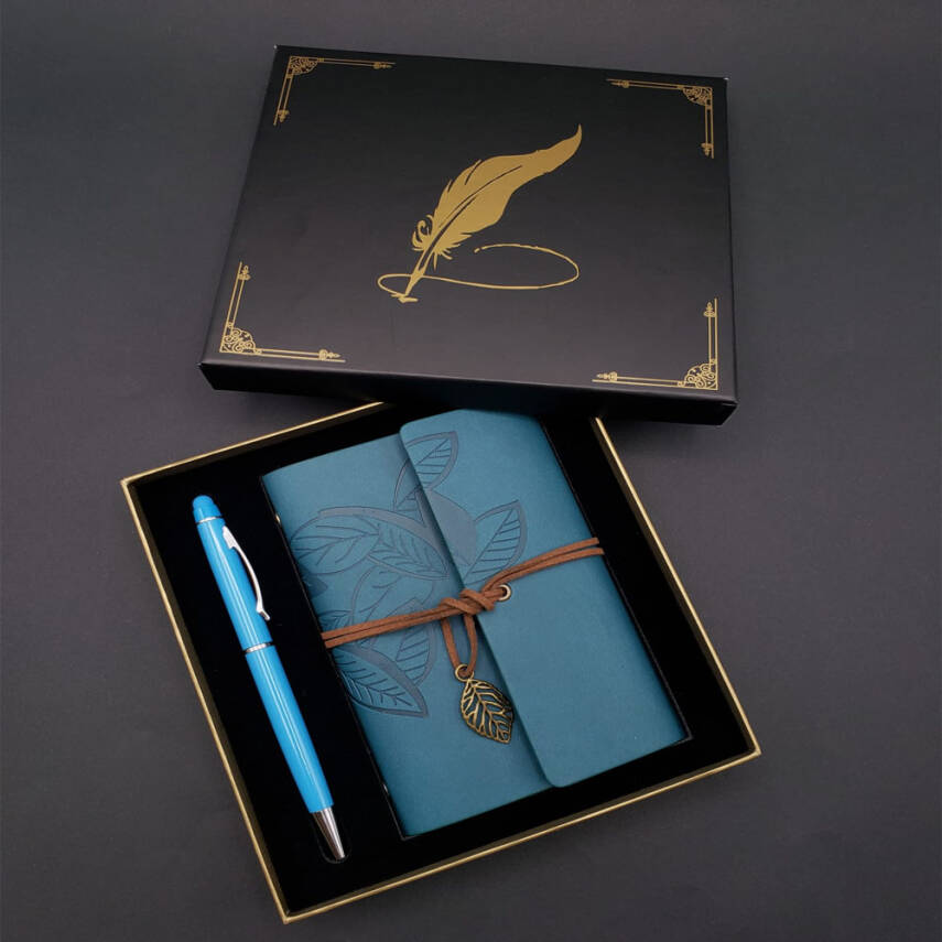 Siyah Kutulu Yaprak Desenli Mavi Deri Defter Ve Kalem Seti - 1