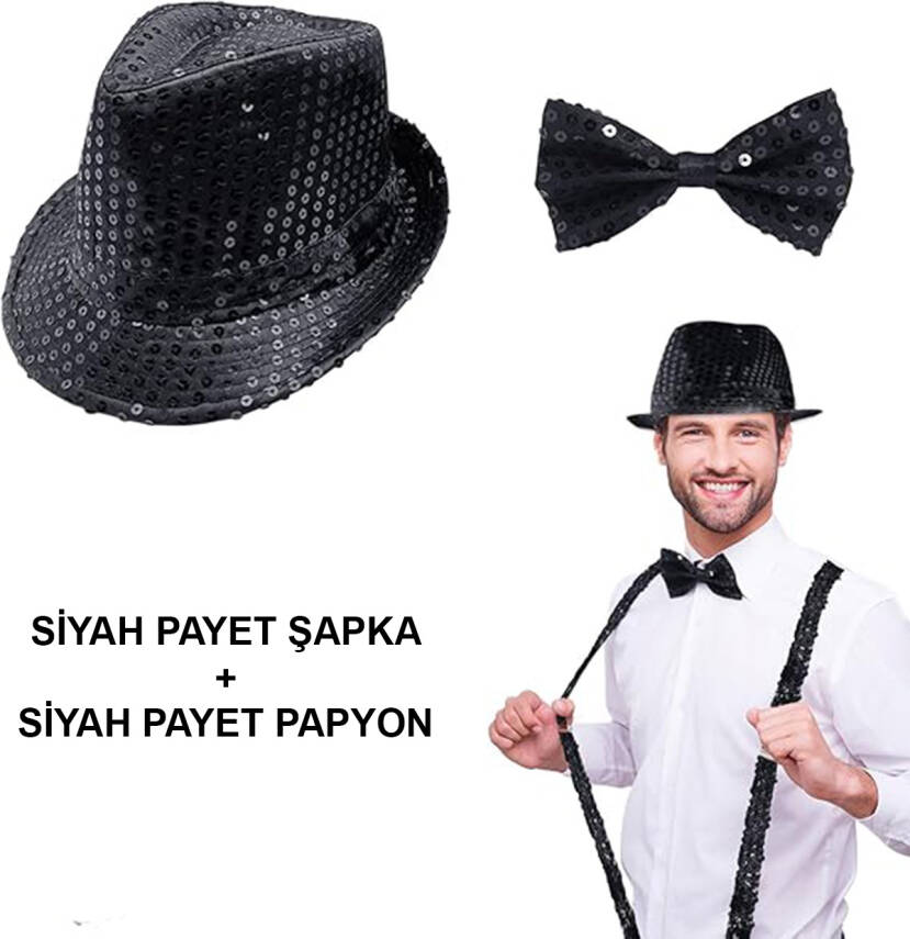 Siyah Payetli Şapka ve Papyon Seti – Parıltılı Yetişkin Kostüm Seti - 1
