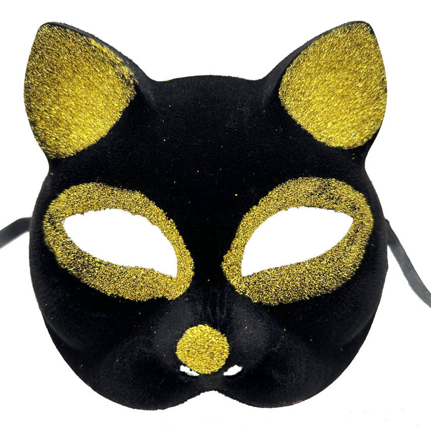 Siyah Renk Gold Simli Kedi Maskesi - 1