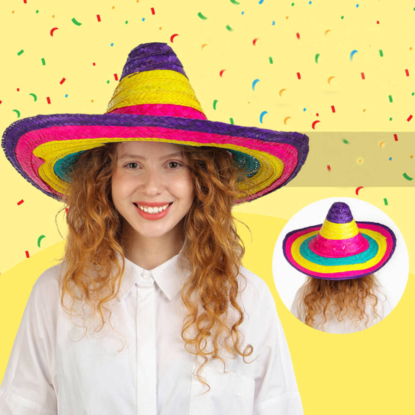 Sombrero Meksika Şapkası Renkli Örme Hasır Çocuk Boy - 4