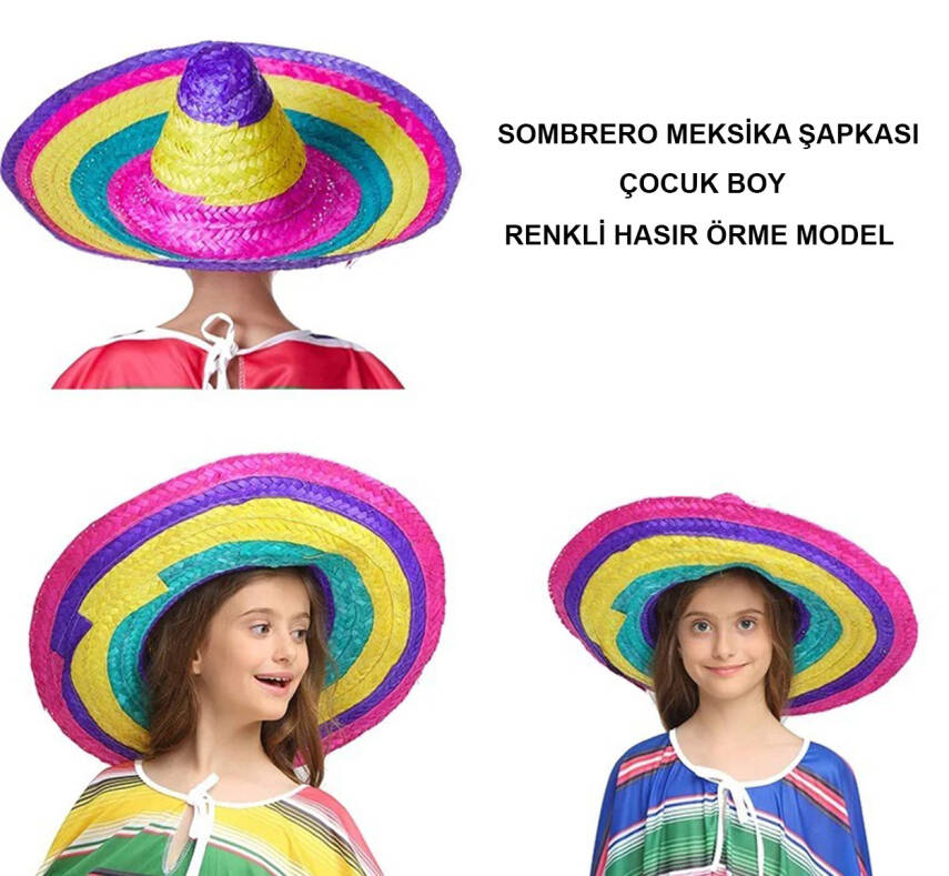 Sombrero Meksika Şapkası Renkli Örme Hasır Çocuk Boy - 5