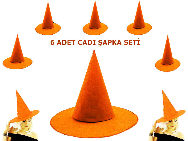 Turuncu Renk Keçe Cadı Şapkası 6 Adet - 1