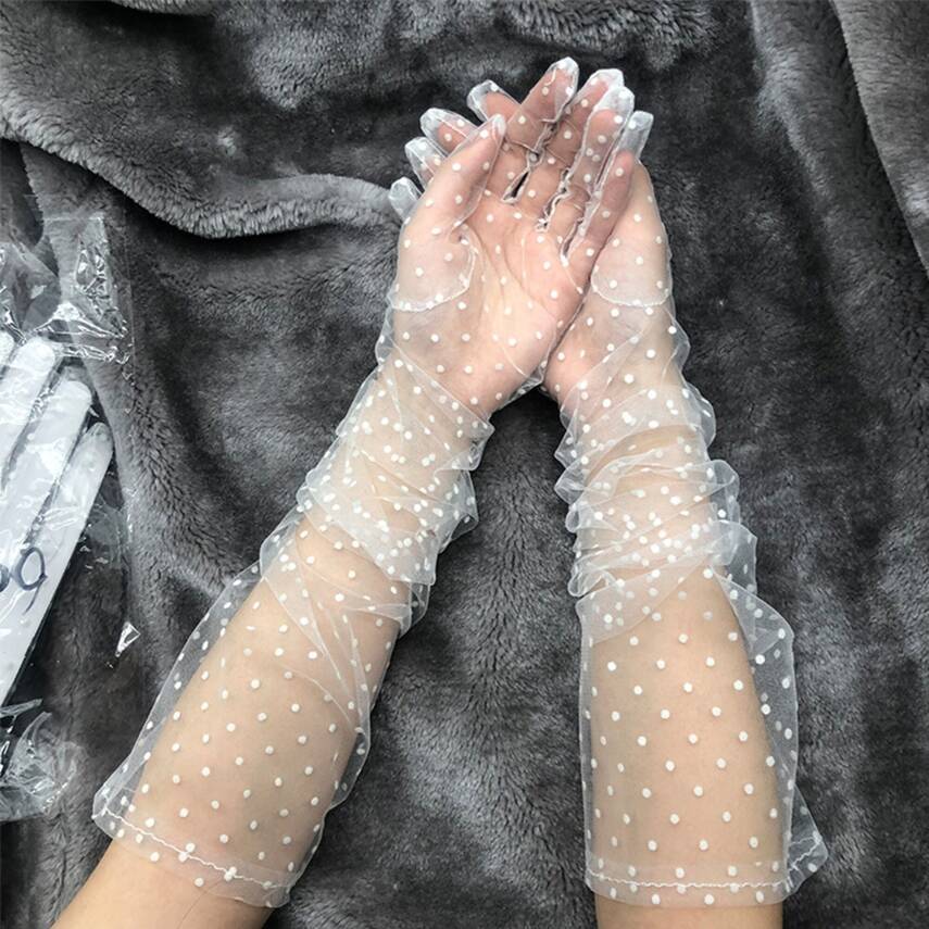 Uzun Boy Beyaz Puantiyeli Beyaz Renk Yetişkin Tül Eldiven - 4