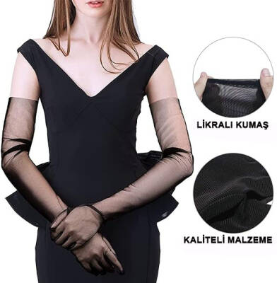 Uzun Boy Likralı Siyah Yetişkin Mega Tül Eldiven - 4