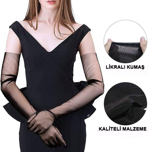 Uzun Boy Likralı Siyah Yetişkin Mega Tül Eldiven - 4