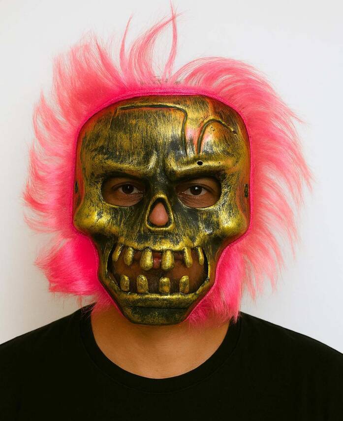 Wild Skull - Bakır Kafatası Pembe Saçlı İskelet Maske - 1