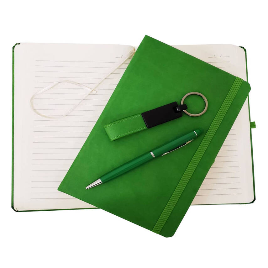 Yeşil Termo Deri Defter, Kalem ve Anahtarlık Seti - 1