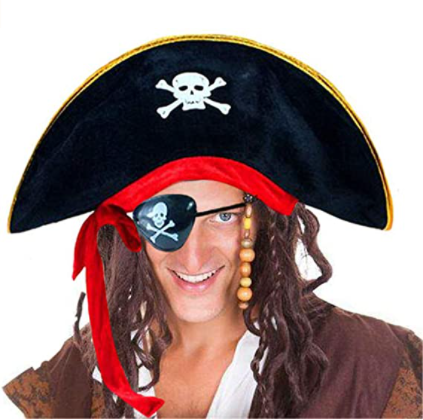 Yetişkin Boy Kadife Kaptan Jack Sparrow Korsan Şapkası ve Plastik Korsan Göz Maskesi - 1